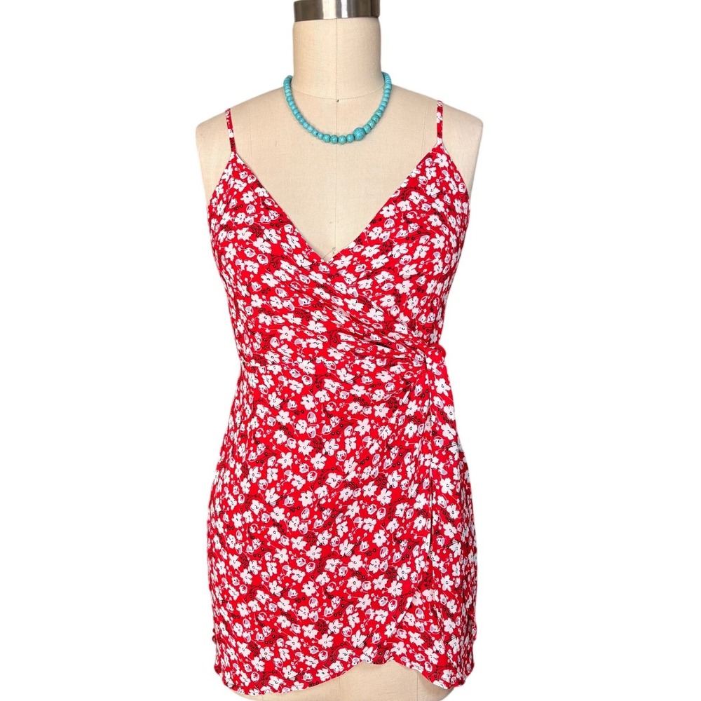 Floral Summer Mini Dress Wrap Front Spaghetti Strap XS Red White